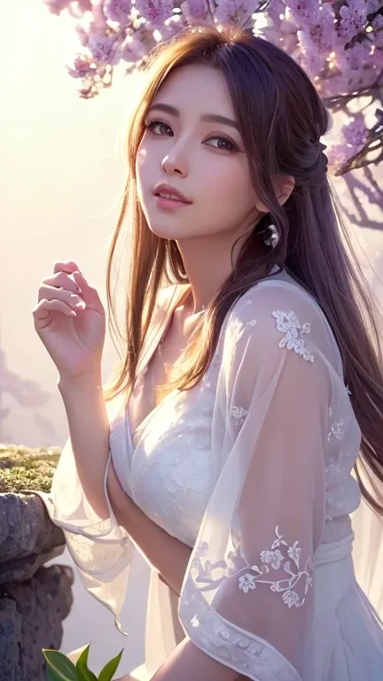 (Highest quality,4K,High resolution,Very detailed,Realistic:1.37),Vibrant colors,sunlight,light,bergamot,White flower,beautiful girl,exquisite features,Flowing Hair,Calm expression,Garden setting,Elaborate Dress,Soft sunlight,Breeze,Bright atmosphere,Backl...