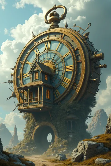 A two-story house that has stairs but is shaped like a clock that is larger than the house and its structure like a pocket watch, super advanced.