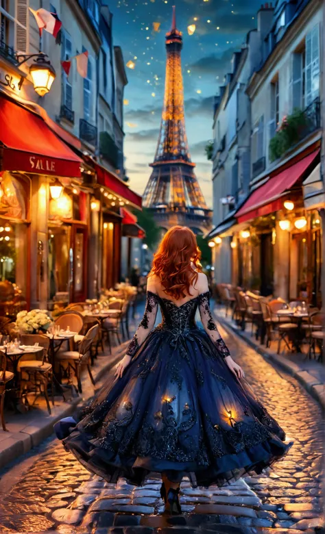 An enchanting redhead with an hourglass silhouette, elegantly strutting along a cobblestone street in Paris. She wears a flamboyant, avant-garde dress with intricate lace details that dance in the breeze. The soft glow of twilight casts a warm light on her...