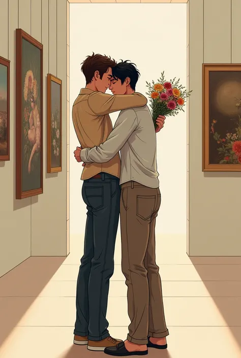 Drawing of two boys kissing in an art gallery, wear shirt outside with long pants, one brown hair and one black hair, The black-haired man was holding a bouquet of flowers. These two people were very skinny. The black-haired man lowered his hand. The brown...