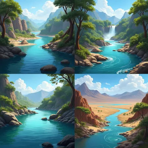 Help me draw four different pictures of rivers