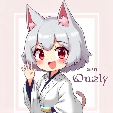 One Woman,Gray Hair,Cat ear,((Chibi Character)) ,Red eyes,,White kimono,wave hands,Bye bye,smile,Enter your text in the bottom right corner of the fantasy image,A very popular font,