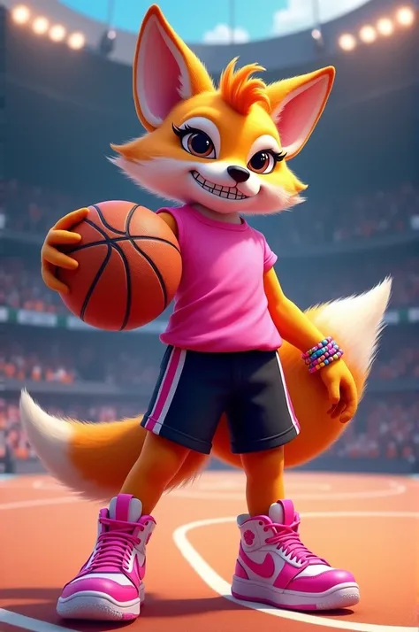 Mascot a fox with a pink blouse with black shorts pink sneakers with colorful bracelets with a basketball