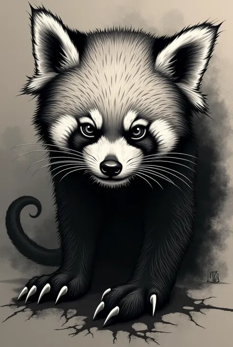 A tattoo of a red panda, black and white in the Black work style with elements of horror and fantasy 
