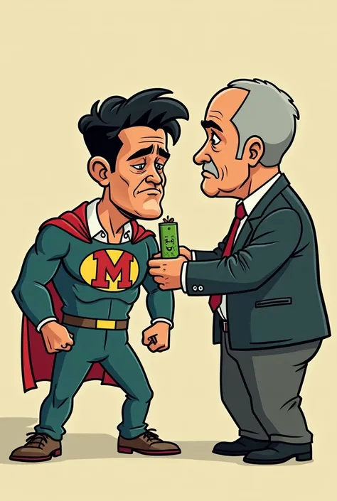 Create a Hero Cartoon "M" bending down without strength with the face of Pablo Marçal with M on his chest and with Guilherme Boulos showing the kryptonite in the shape of Alexandre de Moraes 
