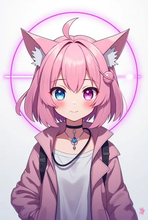 Anime human girl, a young girl with a halo like the moon, light pink hair, two eyes with different colors, pink and blue. Her outfit is cyber style but modern. She has a cheerful smile.