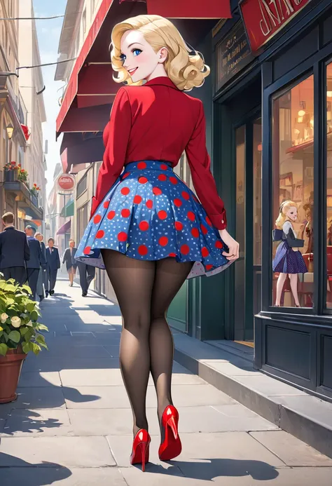  masterpiece, 1940s hairstyle, stunning teen blonde woman with pale skin, blue eyes, smilling face, wearing polka dot skirt, pantyhose with floral patterns,red stilettos ,thick legs , big ass. She is walking 