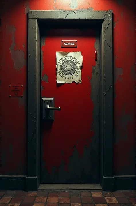 A door to the Anomaly detention room with red paper on the wall that says Anomaly 770 class 3, the name of the Anomaly, the Anomaly&#39;s head, and a paper logo on the wall showing its class. 