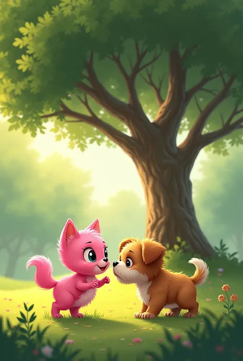 The Birth of the Pink Cat ..A New Friend In the park, the pink kitten meets a small, scruffy dog. At first, she’s cautious, but the dog wags its tail and offers a friendly bark. The two quickly become friends, playing together under the shade of a large oa...