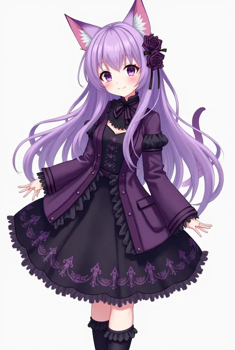 an anime girl, long purple hair cat ears, elongated dark purple eyes, Victorian style black dress a little long with purple details, with purple jacket, smiling, some black boots