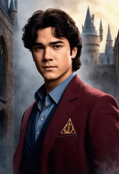 An illustrated movie poster, hand-drawn, full color, a teenage Wizard, 18-years-old, male, wearing a maroon blazer and navy blue slacks, stout stocky build, broad shoulders, brown eyes, brown-black hair, voluminous curly mane, medium-light sun-tanned skint...