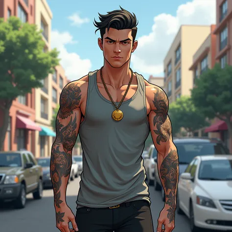 The image shows a male character standing in the foreground with tattoos on his arms and shoulders, wearing a gray tank top and a chain with a gold medallion. Behind him, theres a cityscape with cars and buildings.Alta resolução, 