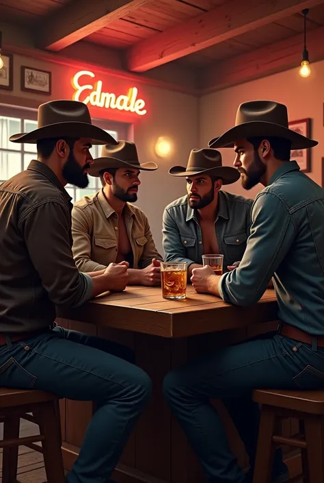 4 handsome beautiful men sharing together in a cowboy bar and 1 of their boss interrupts them 