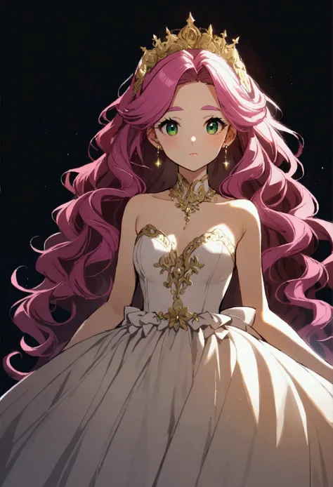 30 years old girl, fuchsia hair little purple, long hair, wavy hair, pink eyebrows, green eyes, wearing gold earrings, wearing a wedding dress