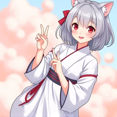 One Woman,Gray Hair,Cat ear,((Chibi Character)) ,Red eyes,,White kimono,peace sign,smile,Please enter text in the bottom right corner of the fantasy image,A very popular font,