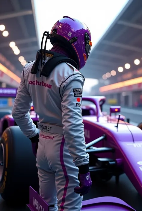 Formula 1 racer from behind looking to the side in a white and purple outfit 

