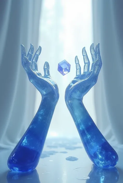 Two crystal hands holding up in the air, made of glass, sapphire, transparent background, white tone