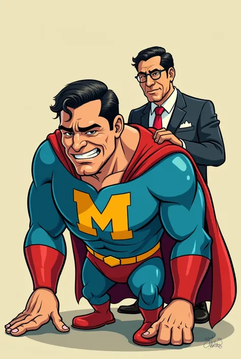 Create a Hero Cartoon "M" bending down without strength with the face of Pablo Marçal with M on his chest and with Guilherme Boulos showing the kryptonite in the shape of Alexandre de Moraes 
