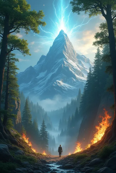 Mount of prayer, covered in glory, tall trees and fire 