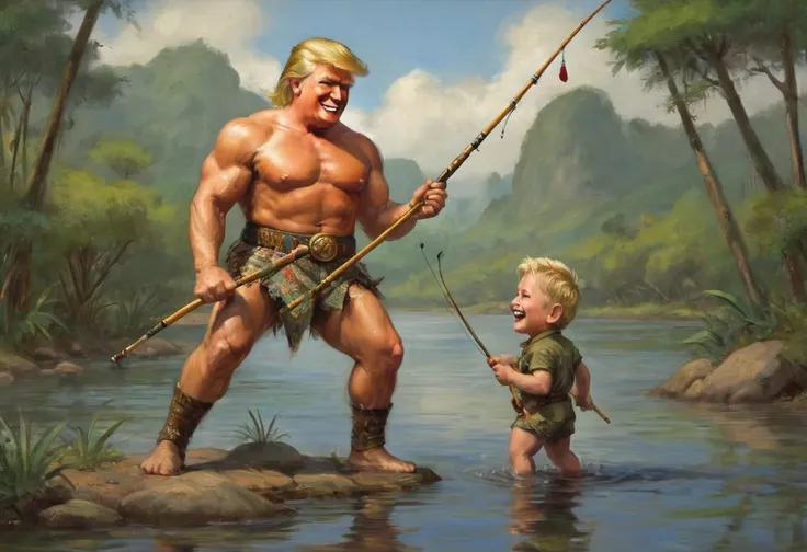 Donald Trump (bandage on one ear, happy grin, muscular, conan outfit) is fishing with a bamboo fishing rod, he is bringing in a large fish that is thrashing, forest pond
