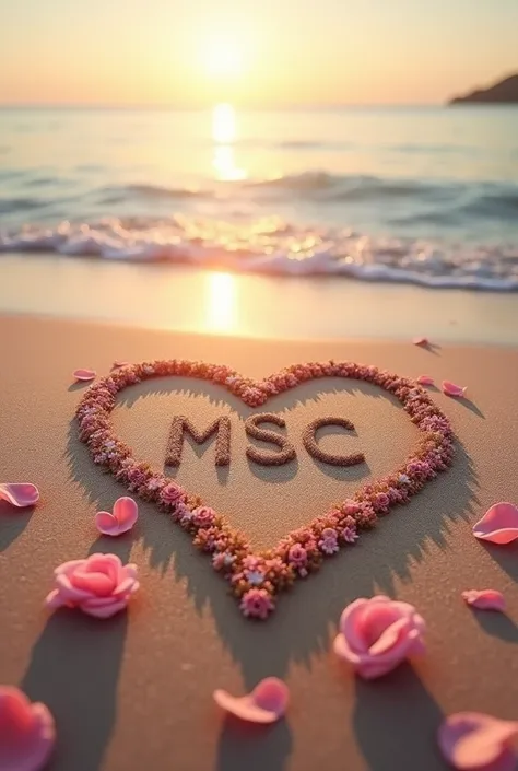 Heart in the sand of the sea decorated with roses and in the middle the initials of MSC
