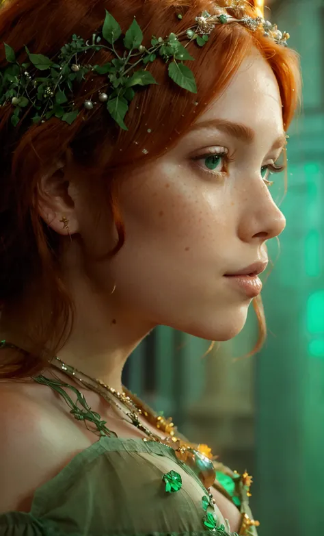 A breathtaking, full-bodied Celtic woman adorned with flaming red hair that falls over her shoulders, adorned with a sprinkling of freckles on her nose and cheeks. Her emerald green eyes glow with an otherworldly allure, captivating the eye of any observer...