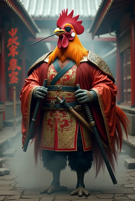 A Human-Sized Rooster, surrounded by smoke, in rooster costume with oriental feudau style, with a golden beak and an eye patch, smoking a cigarette with a long black wooden cigarette holder, with bokken swords, Na cintura, in a Japanese temple