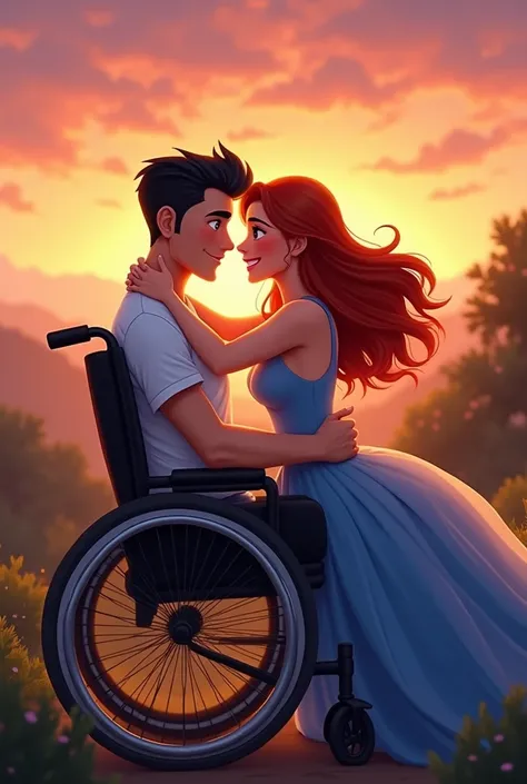 a white man, blue eyes, Black haired man is sitting in a wheelchair and a red haired woman in a blue dress is hugging him as the two smile while looking at the sunset. Let the image be in human form, no illustration 