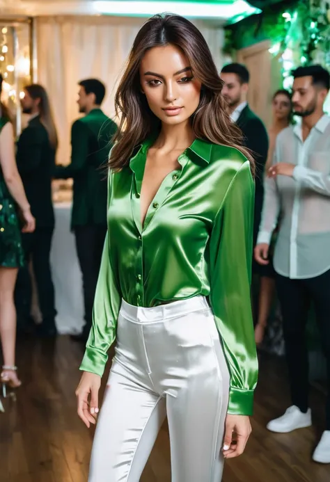  young brunette woman, beautiful brown eyes. long brown hair.  Long shirt made of shiny light green satin and long tight white pants, 项链, transparent lip gloss, narrow building, Pretty, 2, Full body photo, long legs, Satin top, dancing at a party, looks st...