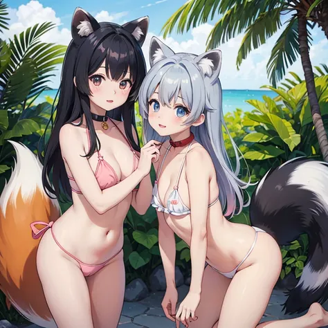 Two slightly young looking girls、Both of them naked、Without any clothes or underwear、They are playing together happily.。 The girl on the right is、It has raccoon ears on its head、Her hair is blue-gray with a raccoon pattern.、Her hairstyle is a medium layere...