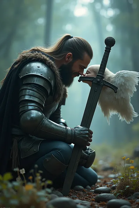 Cinematic, A scene in the style of abstract magical realism unfolds as a Viking, weary from a long and arduous battle, rests on his knees, relying on his sword plunged into the ground, symbolizing a temporary respite rather than defeat. Above him, as if fr...