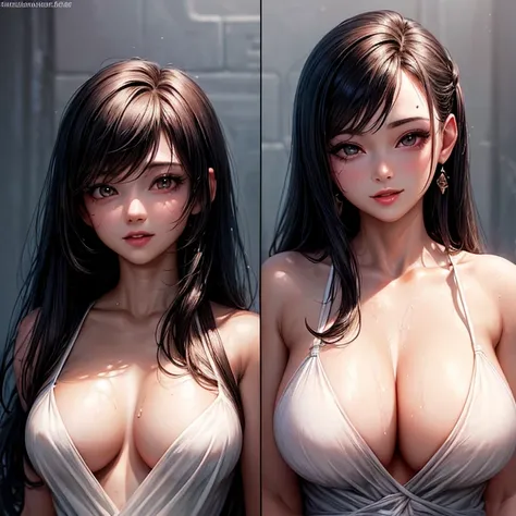 (Highest quality, masterpiece: 1.3), : 1, sexy: 1.5, Tifa Lockhart　(Wet body: 1.2), Nightgown, beautiful, Cleavage, Ultra detailed face, Detailed lips, Detailed eyes, double eyelid, sexy, smile, 　attractive vagina　There is a penis in the vagina