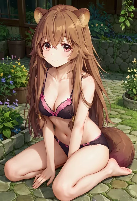  score_9,score_8,  (((perfect face))), (medium breasts), focus breasts, full body view, {looking at viewer},(brown hair), (bangs), (long hair), (animal ears), (raccoon ears), (raccoon girl), (raccoon tail), 1girl, raphtalia, (pink eyes), (detailed eyes), (...