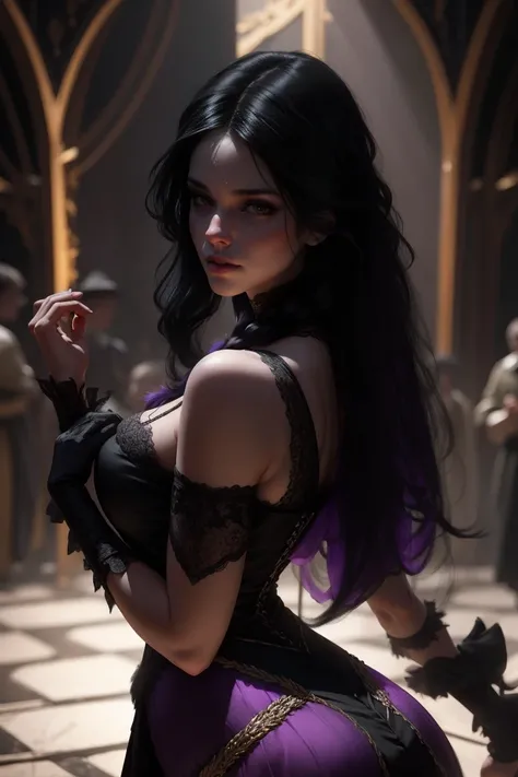 {-erro_de_anatomia:1.0} woman 3, witchcraft, magician, victorian clothes, where poison potions and vines abound, a woman (yennefer), very long black hair (black hair), (purple eyes), nekless . Indifferent look , merciless, dancing witk a demon, Angry face,...