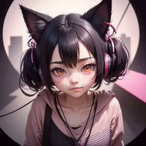 Black Hair, Hair ties, Falter, Long eyelashes, Round eyes, fake animal ears, A light smile, Redness in the ears, tooth, Headphones, Cat ear, Pink Hair, Hair Ribbon, Star-shaped pupils, Mismatched sclera, Cat ear, shy, Surrealism, Cast a Shadow, Anaglyph, S...