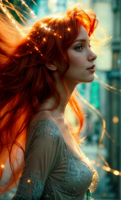 A breathtaking woman, full body photo, adorned with flaming red hair that falls over her shoulders, emerald green eyes sparkle with a supernatural allure, captivating the eyes of any observer. 
A charming redhead with an hourglass silhouette, parading eleg...