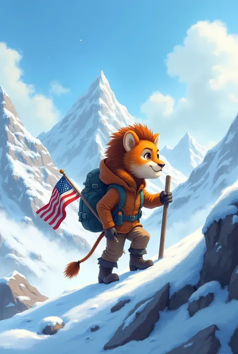 Wear hiking clothes，Little lion climbing snow mountain，Take the flag，Backpack，