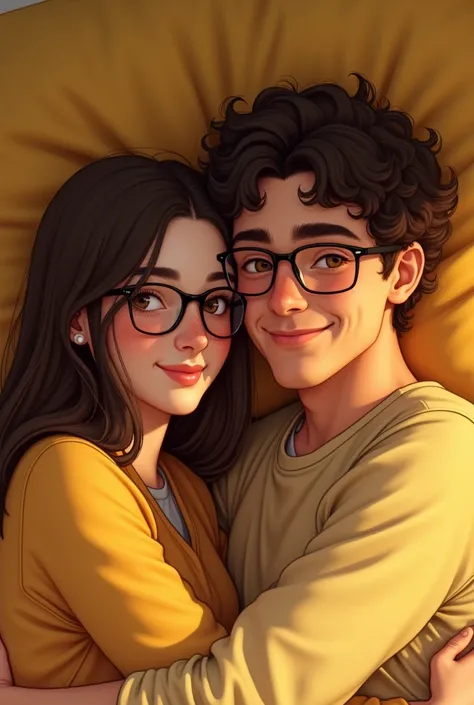 I want a guy with a smile, curly hair and glasses, brunette hugging a girl with long straight hair, glasses and freckles., that they are lying down dressed in yellow