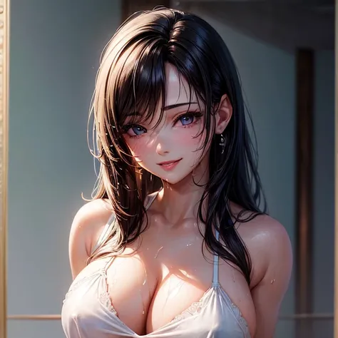 (Highest quality, masterpiece: 1.3), : 1, sexy: 1.5, Tifa Lockhart　(Wet body: 1.2), Nightgown, beautiful, Cleavage, Ultra detailed face, Detailed lips, Detailed eyes, double eyelid, sexy, smile, 　attractive vagina　A penis grows out of the vagina　Having sex