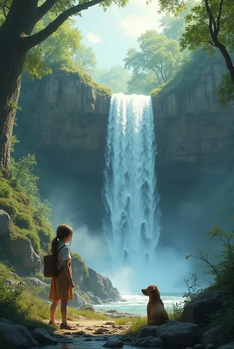 A landscape with a waterfall and a girl with a dog 