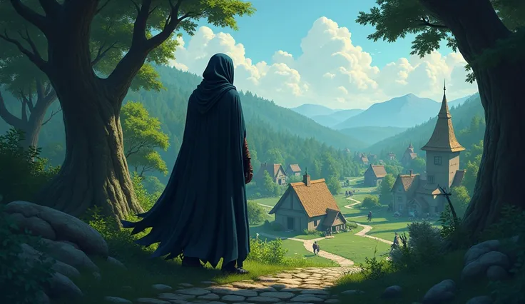 In 3D animation style: **The mysterious figure appearing in the village again**, but this time standing silently at the edge of the forest, watching over the village.