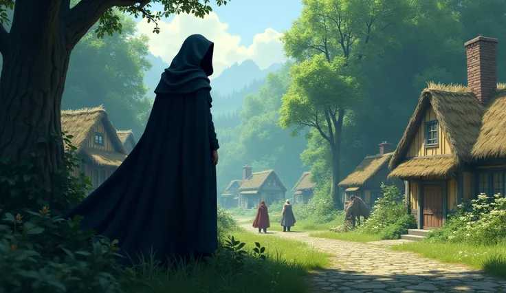 In 3D animation style: **The mysterious figure appearing in the village again**, but this time standing silently at the edge of the forest, watching over the village.