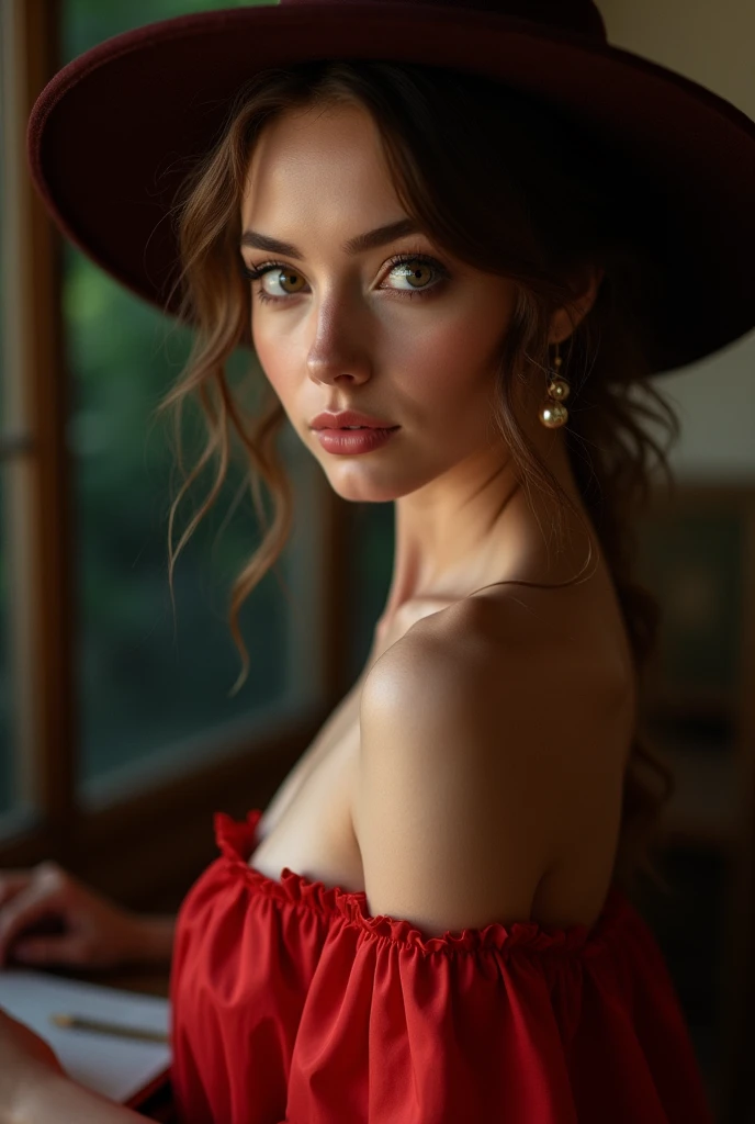 study session, Taking a portrait photo of a beautiful young woman, Rembrandt Lighting, Hyper realistic image with skin texture, elegant red dress, long-brimmed hat, Realistic and very focused eyes