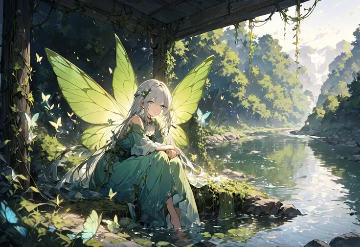 Pretty fairy girl, Young woman, wearing long green and blue dresses, Large butterfly wings of very dark green and yellow behind her, Long white hair with vines in it, facing forward, Sitting by river, character focused image, 1 girl, beautiful masterpiece,...