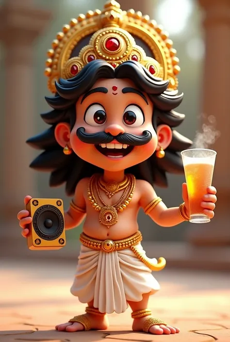 Appears to depict a 3D animated character, possibly modeled in the style of a traditional Indian royalty or deity, with exaggerated features for comical or friendly effect. The character is a smiling, wide-eyed, moustached male.He wears a gold crown adorne...