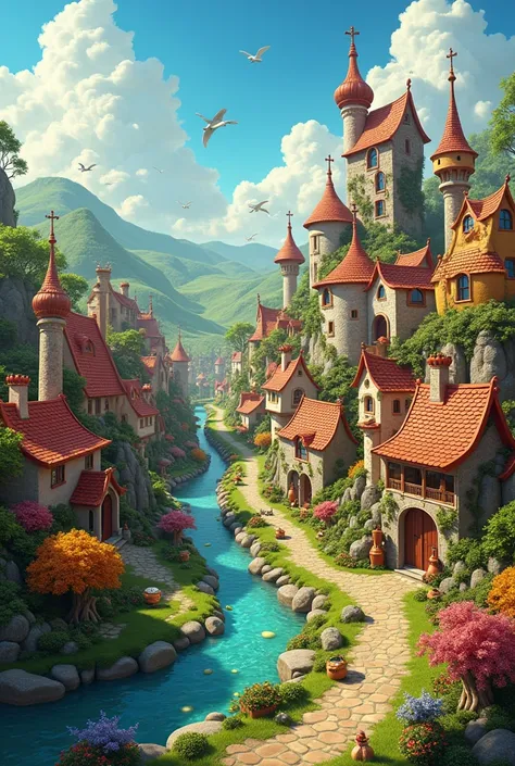 (best quality, masterpiece, ultra detailed, ultra high res, photorealistic, raw photo, absurdres, absolutely resolution), A village filled with musical elements、Wide Shot