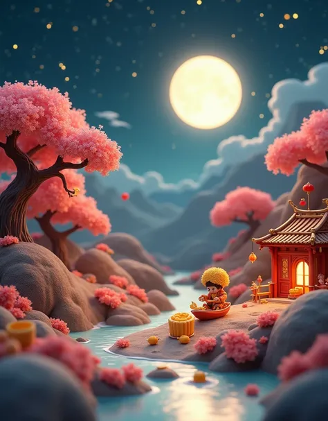 (3D Art，3D Style), 一个Full of tranquility的迷人夜景，Starry Sky，(Mid-Autumn Festival:1.5)，Macro lens，desktop，Mini mooncakes，Miniature villains，osmanthus tree，A little person sawing a mooncake，Transporting mooncakes，Half mooncakes with flowing filling，The moon han...