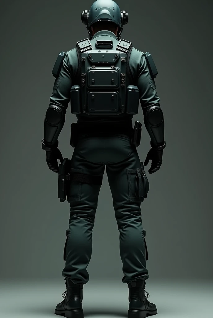 Headgear: A sleek, tactical helmet with integrated night vision goggles and a matte black finish.
Top: A form-fitting, tactical vest in matte black with subtle dark gray or green accents. Include lightweight, flexible armor plates.
Bottoms: Slim, combat-st...