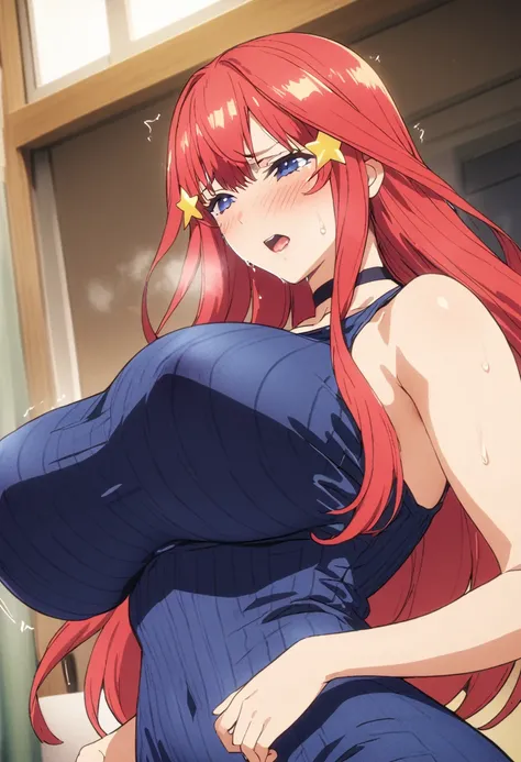 (Highest quality, 4K, 8k, High resolution, masterpiece:1.2), Very detailed, Picturesque, Animated Photography, Photo Animation:1.37)、Japanese schoolgirl、(Red Hair)、(Long Hair)、(yellow star hair ornament)、teacher,(large breasts:1.3), busty, flowing sweat, n...