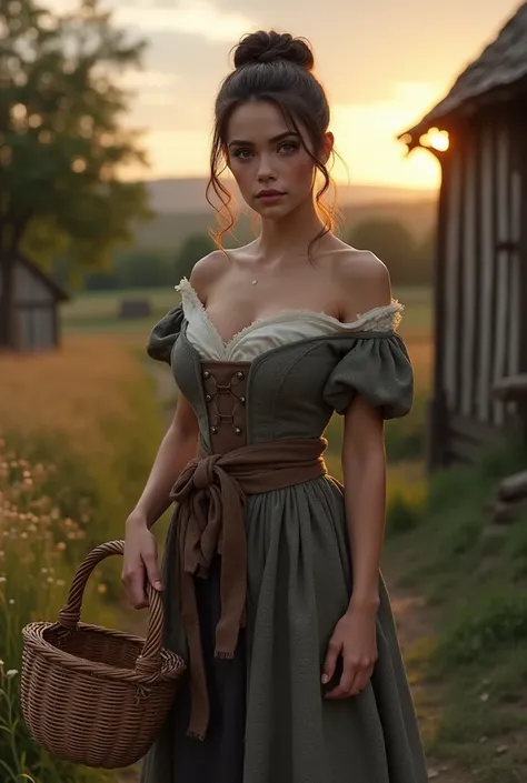 Giant tits Gorgeous and sultry busty athletic (thin) brunette peasant with sharp facial features wearing a modest updo, huge cleavage, medieval hair cover, rough-spun grey and brown medieval dress, long sleeves, wide neck, long dress, tight bodice, corset,...